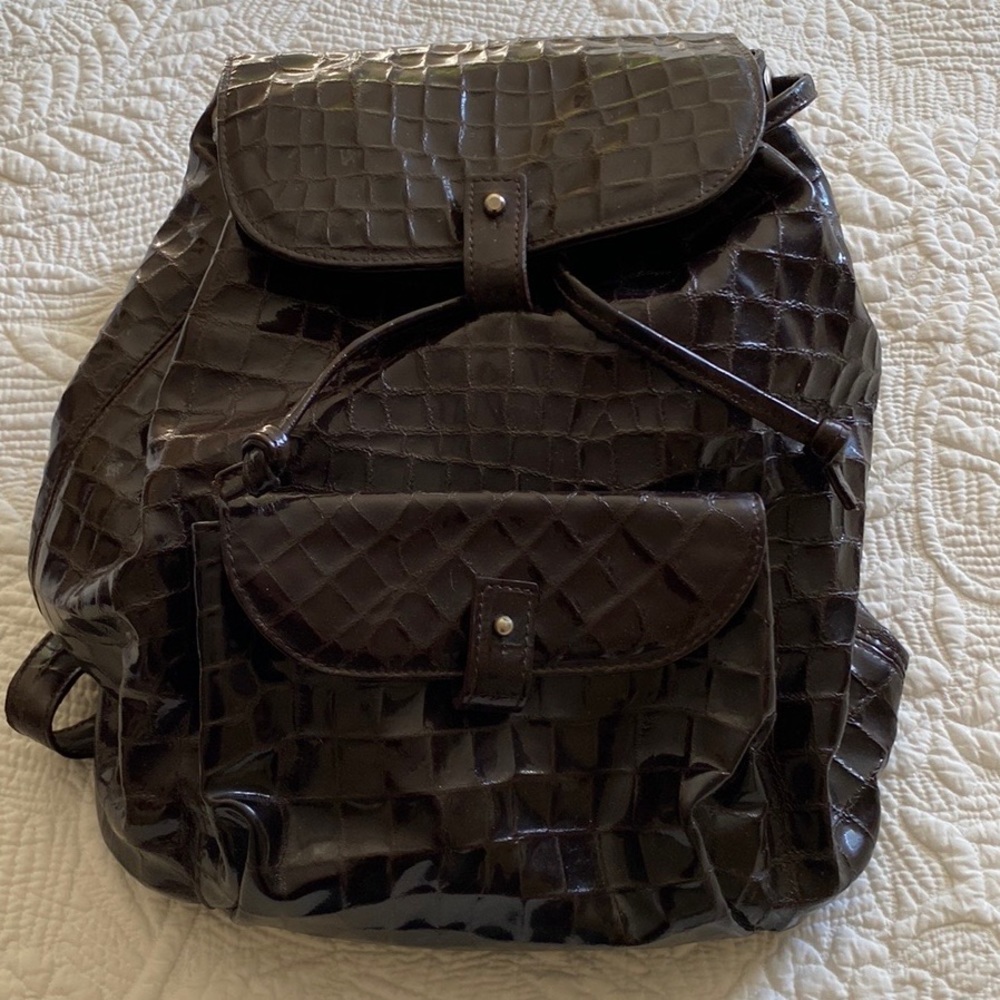 Prisma Brown Leather emboss backpack. made in Italy